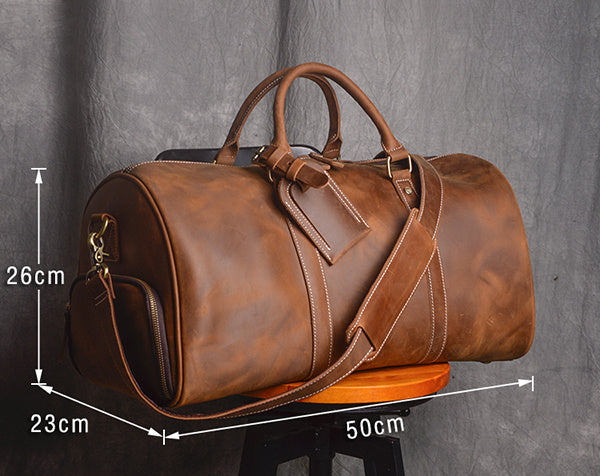 Vintage Crazy Horse Leather Travel Duffle Bag – Handmade Luxury Weekender for Men"