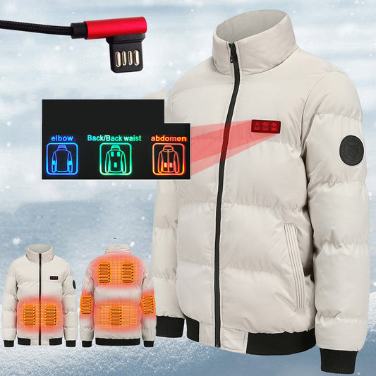 Heated jacket with heating pad and color-coded heating areas on a snowy background