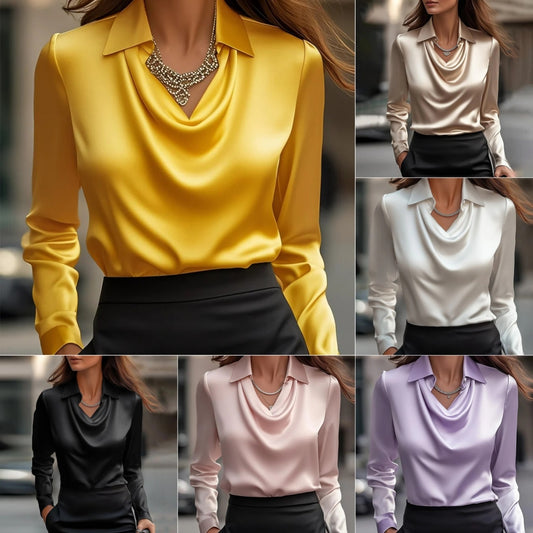 Collage of a woman wearing different colored long-sleeve shirts with a cowl neckline.