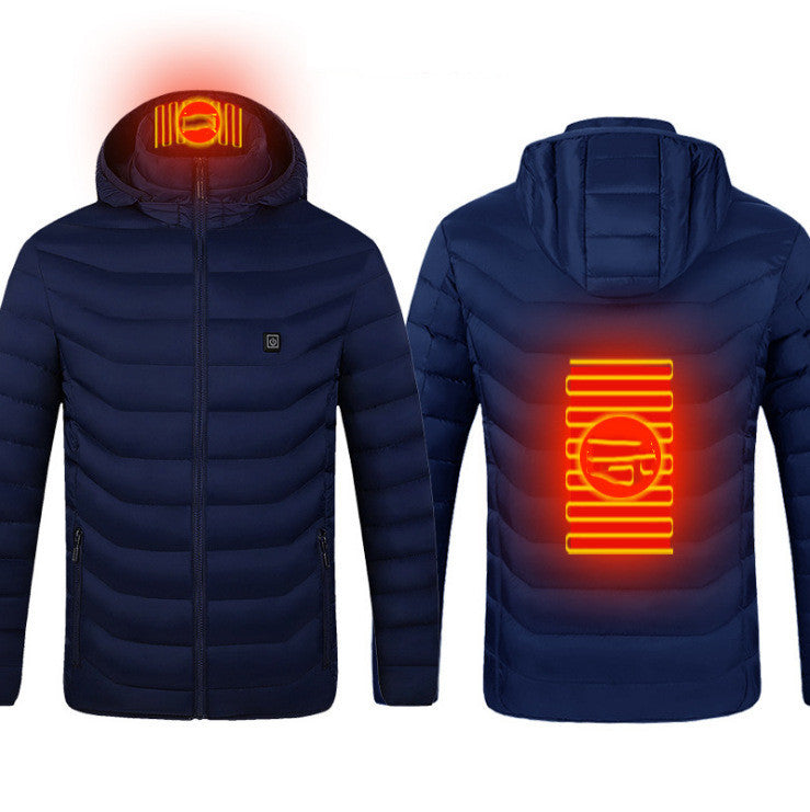 Navy blue heated jacket with glowing red heating element on a white background