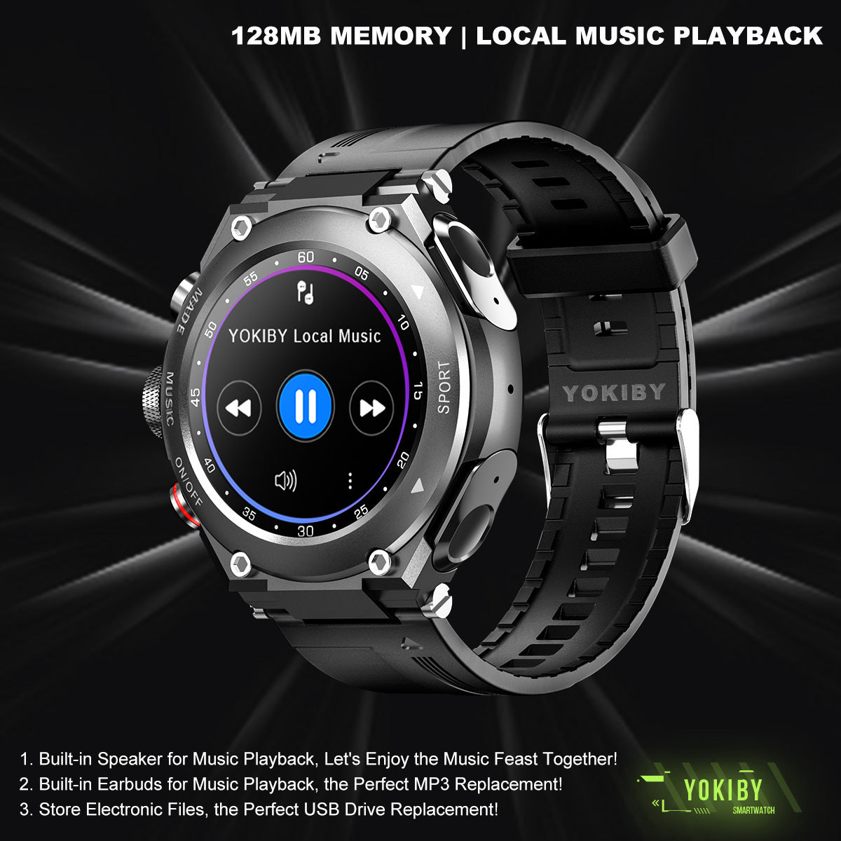 Smartwatch with music playback features on a dark background