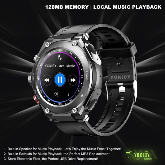 Smartwatch with music playback features on a dark background