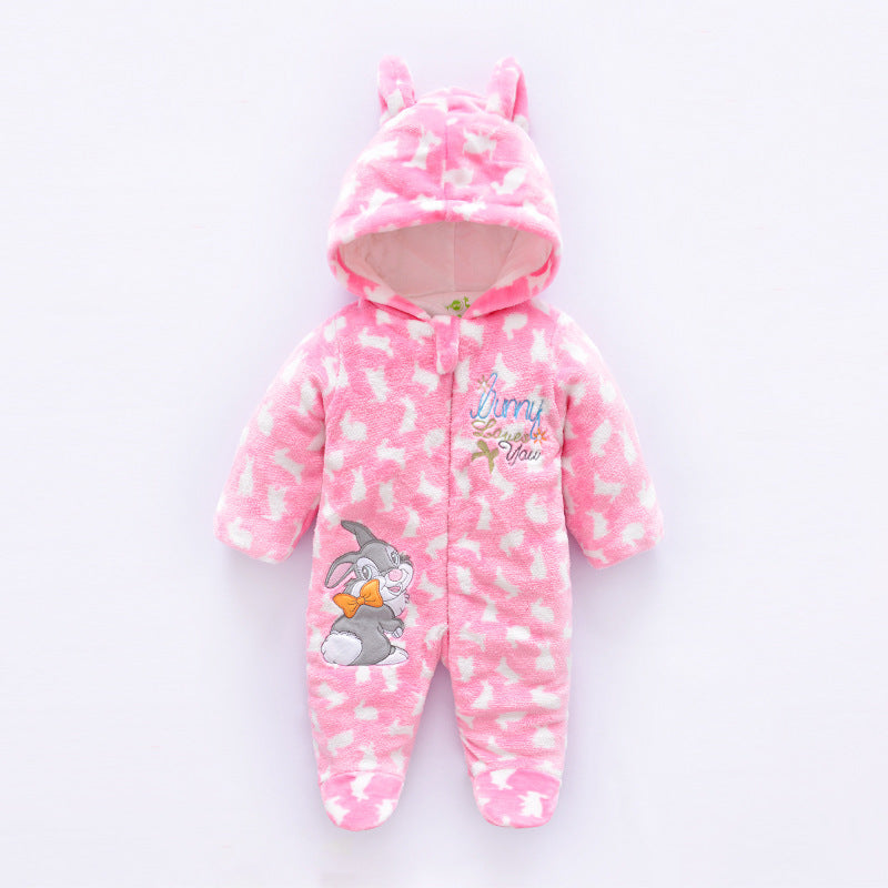 Pink baby onesie with cartoon character on a white background
