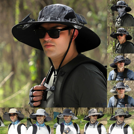 Man wearing a wide-brimmed hat and sunglasses with multiple views of the hat.
