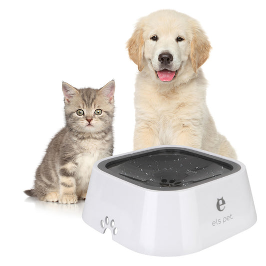 Dog and cat next to a floating anti-spill pet water bowl (1.5L) on white background