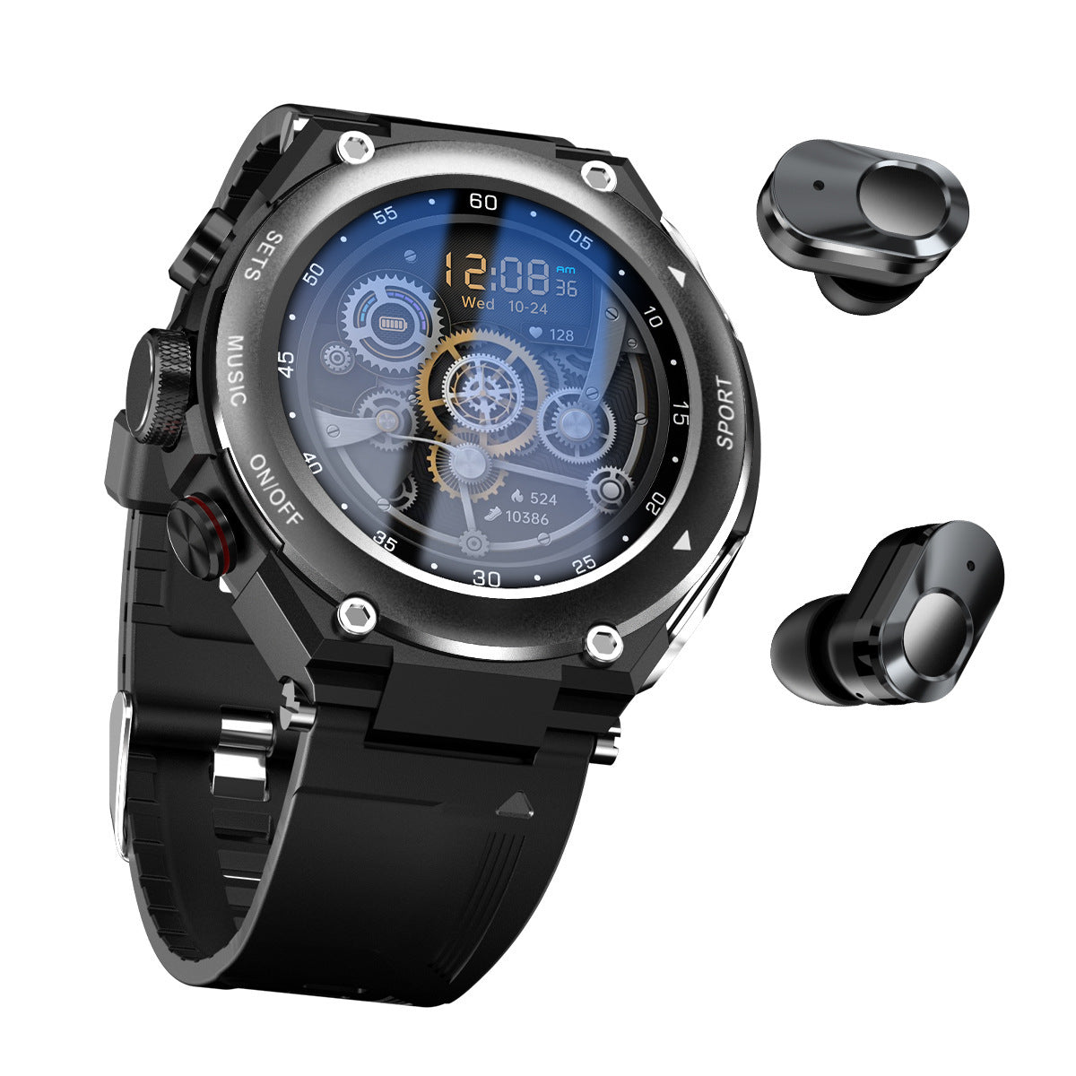 Black smartwatch with a detailed face and wireless earbuds on a white background