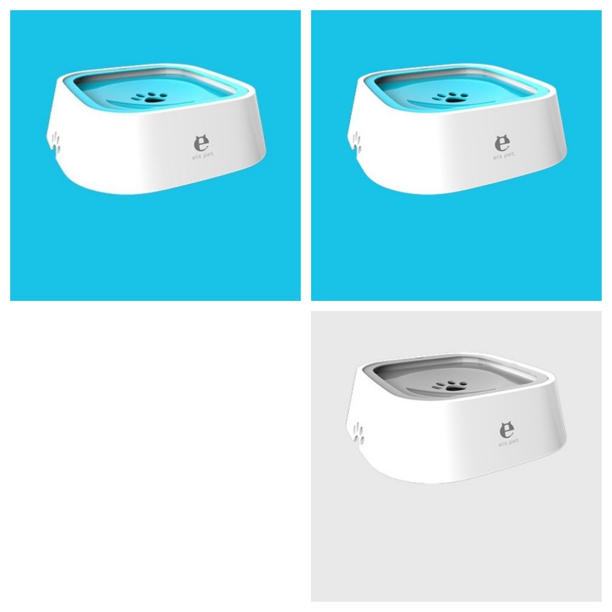 Pet water bowl with paw print design on a blue and white background