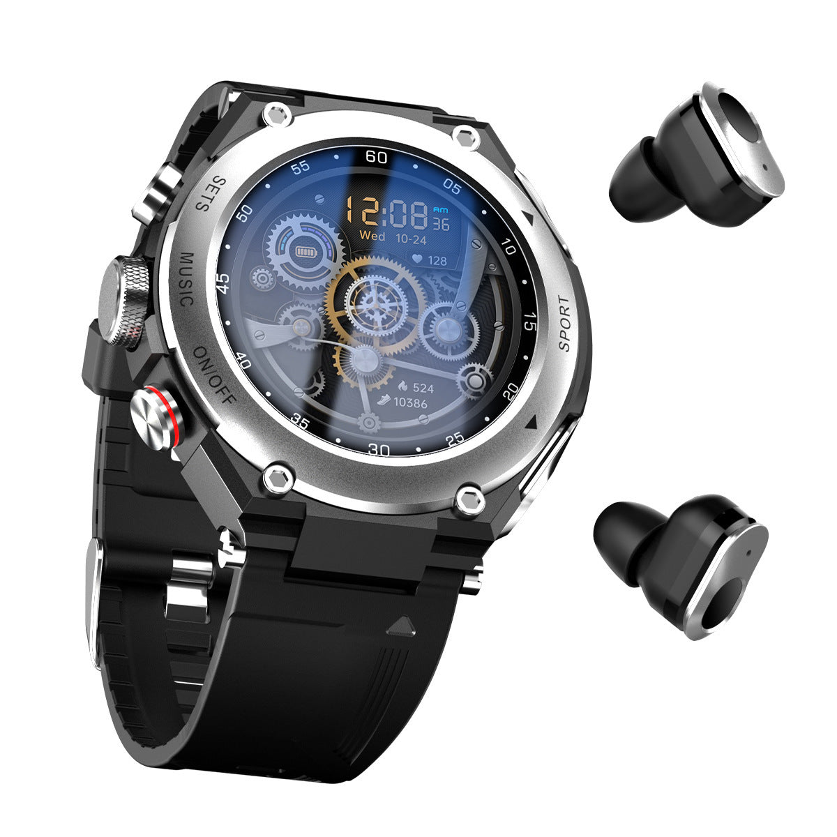 Smartwatch with black band and black earbuds on a white background