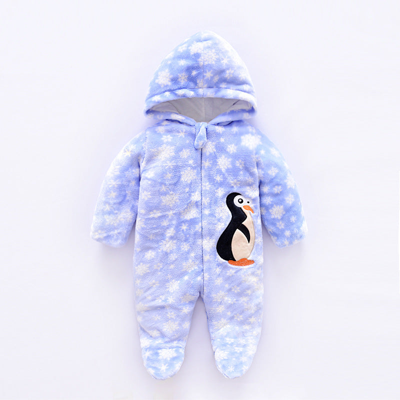 Baby snowsuit with penguin design on a white background