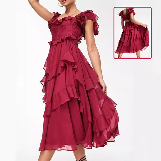 Red ruffled dress on a white background with an inset showing a different angle.