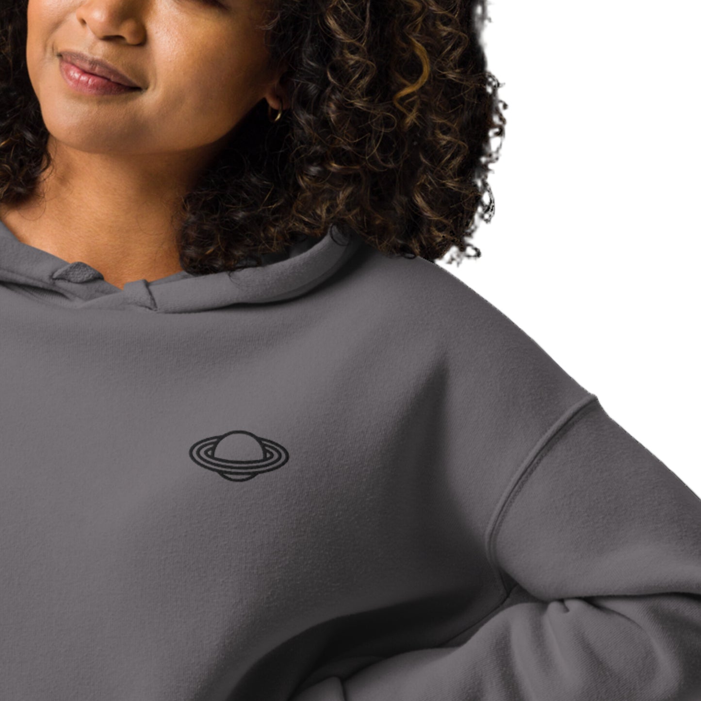 Women's cropped hoodie in storm gray - lifestyle photo showing casual everyday style
