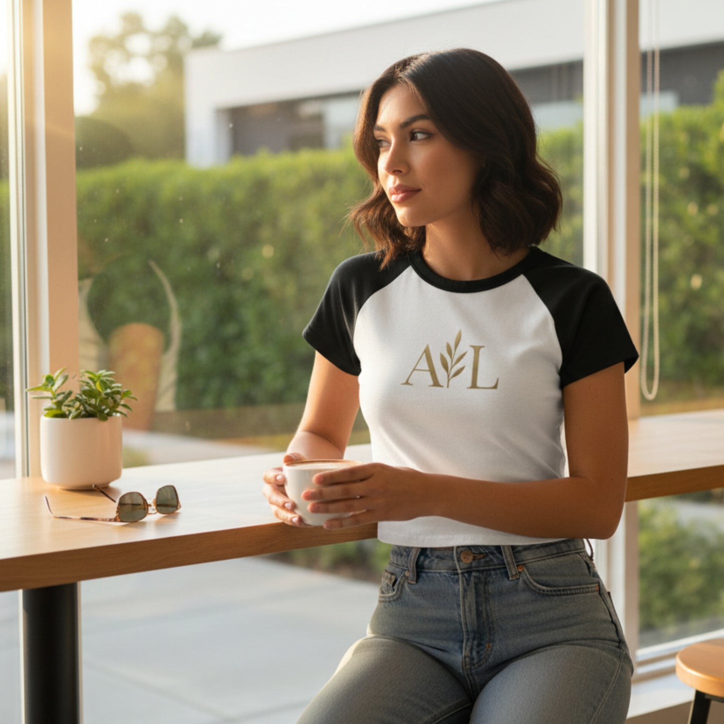 Woman sitting at a table holding a cup, 'wearing a white and black t-shirt with 'Accessories Life's logo.