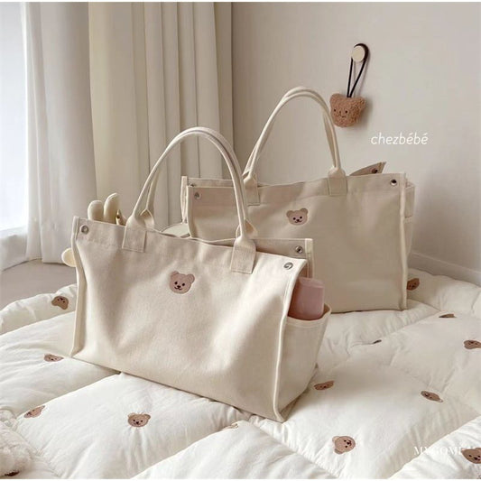 Korean mommy tote bag with embroidered baby bear design - beige canvas handbag
