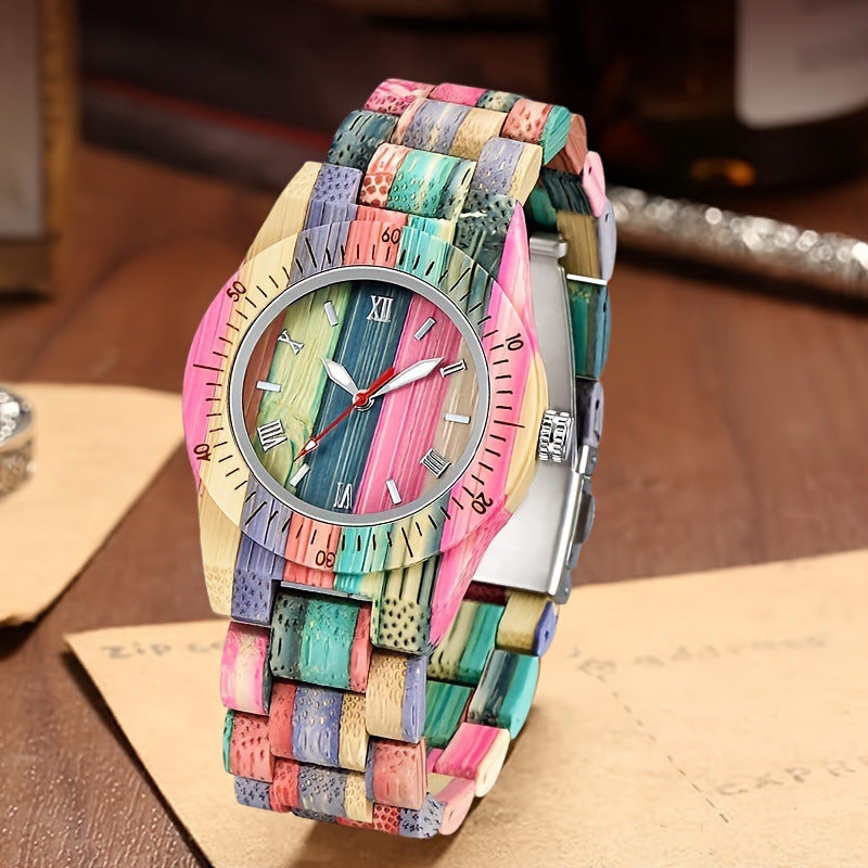Ladies Colorful Bamboo Wood Quartz Watch - Natural Eco-Friendly Timepiece

