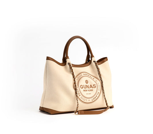RUTH Vegan Designer Tote – Off White & Tan | GUNAS New York