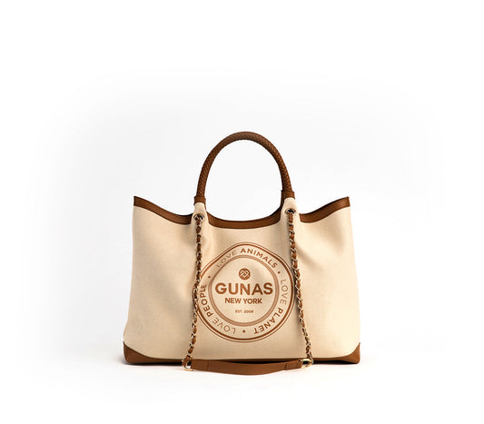 RUTH Vegan Designer Tote – Off White & Tan | GUNAS New York