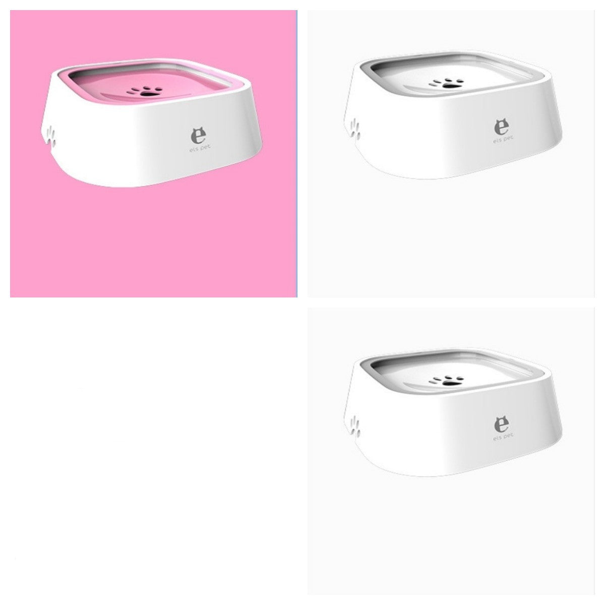 Three different angles of a white pet water fountain with a pink background