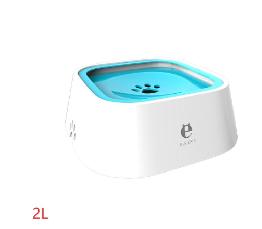 Pet water fountain with blue top and white base on a white background