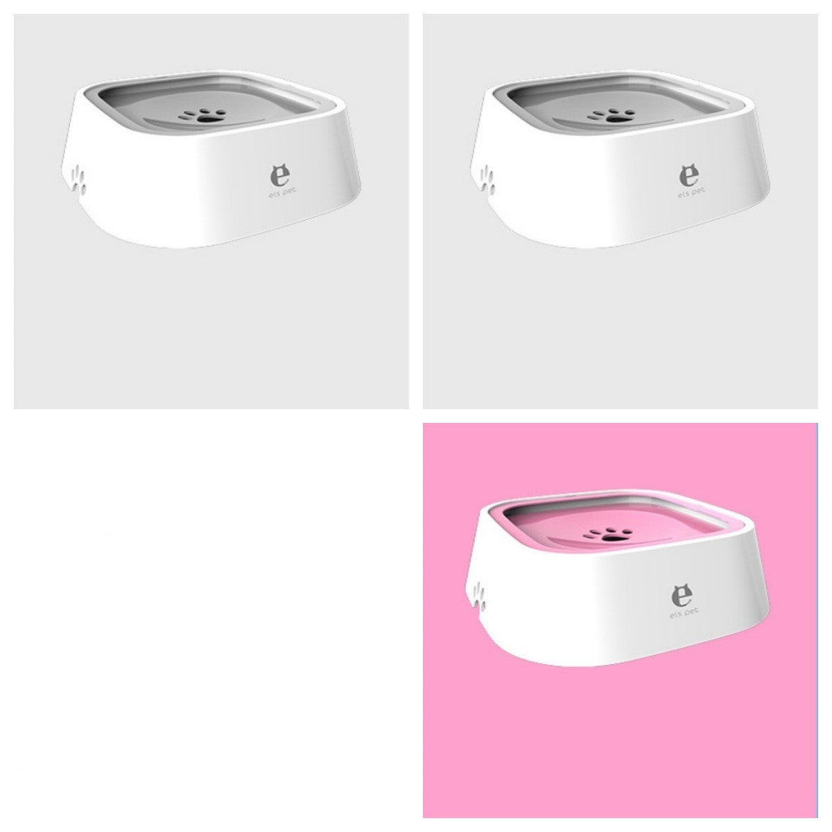 White pet water fountain with paw design on a white background, with a pink square background in the corner.