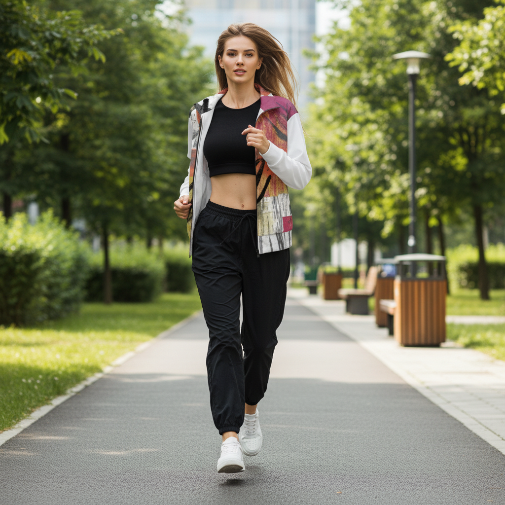 Colorful artistic track jacket - person jogging outdoors in eco-friendly activewear