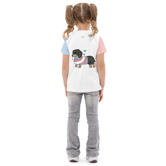 Back view of kids dachshund t-shirt showing cute wiener dog with blue hearts design
