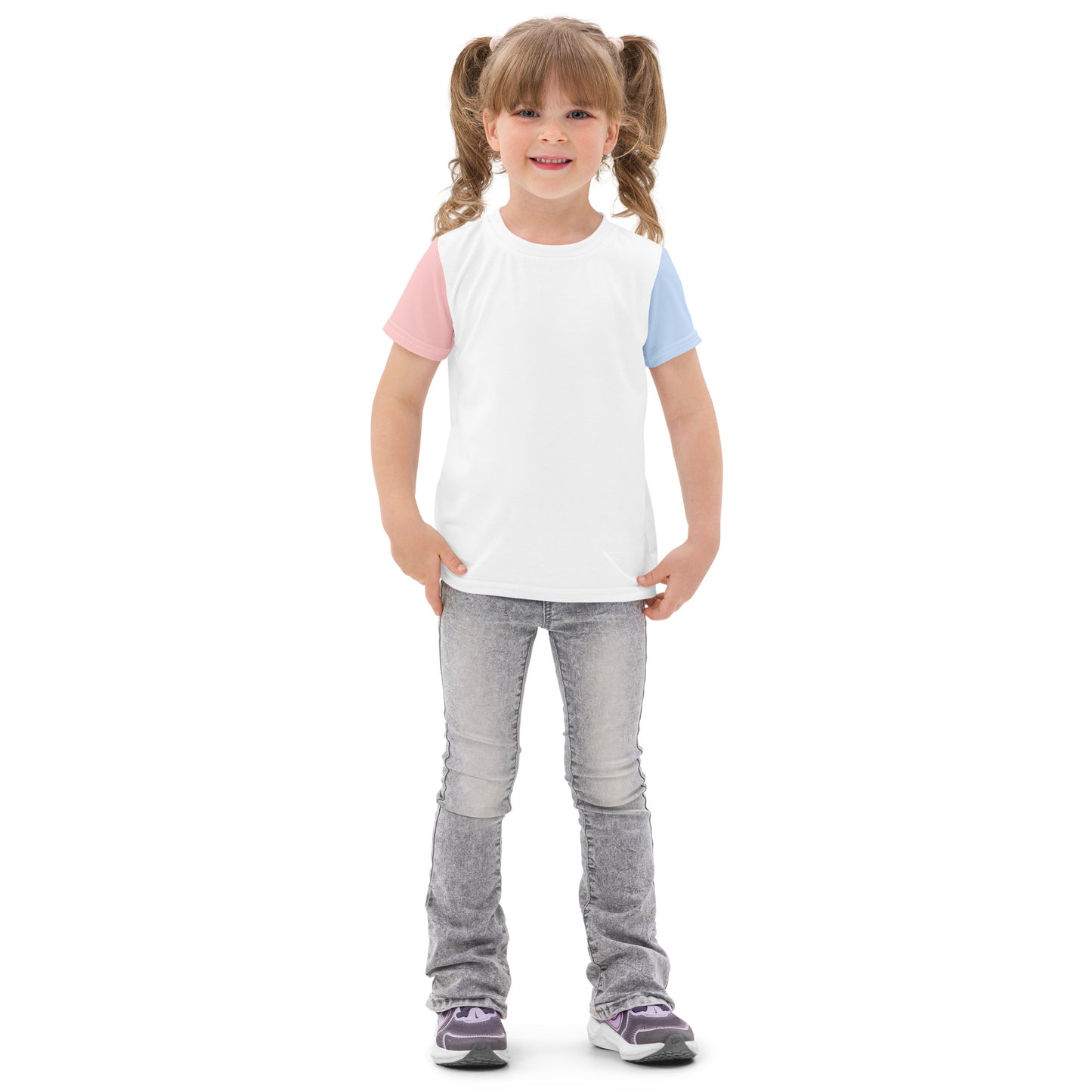 Girl wearing kids dachshund dog t-shirt with pink and blue colorful sleeves - front view
