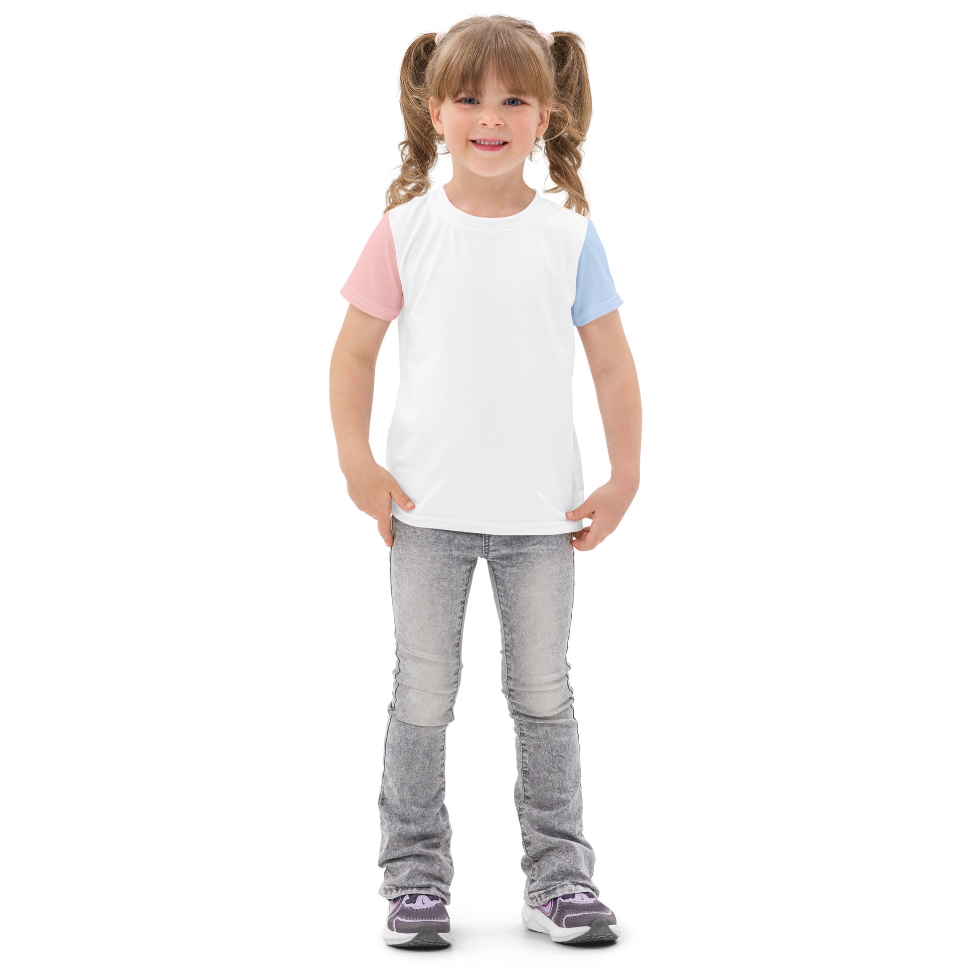 Girl wearing kids dachshund dog t-shirt with pink and blue colorful sleeves - front view
