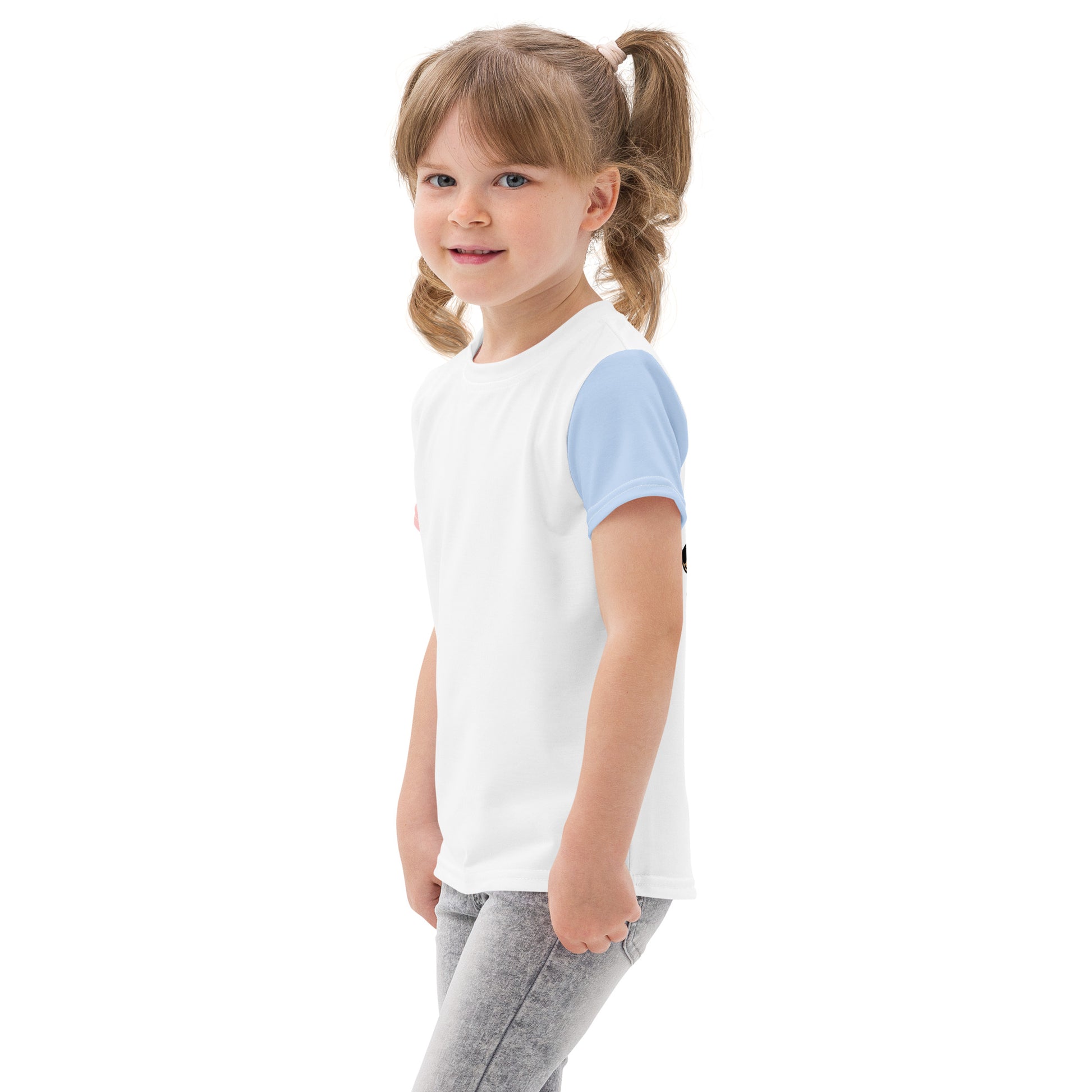 Left side view of kids dachshund tee showing blue sleeve and dog print on back
