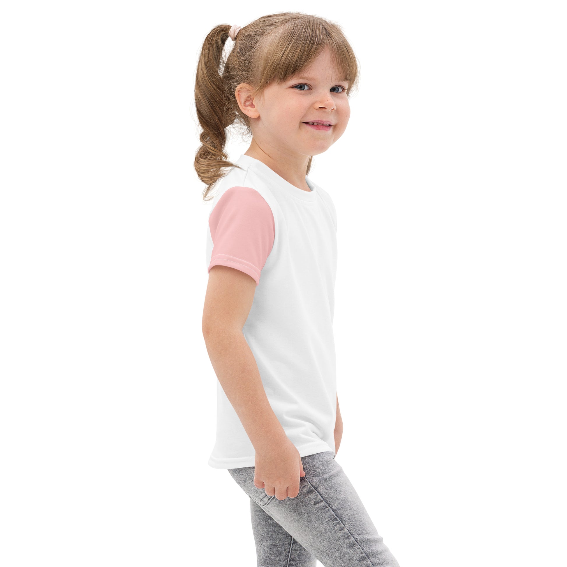 Right side view of kids colorful sleeve t-shirt with dachshund print - pink sleeve visible
