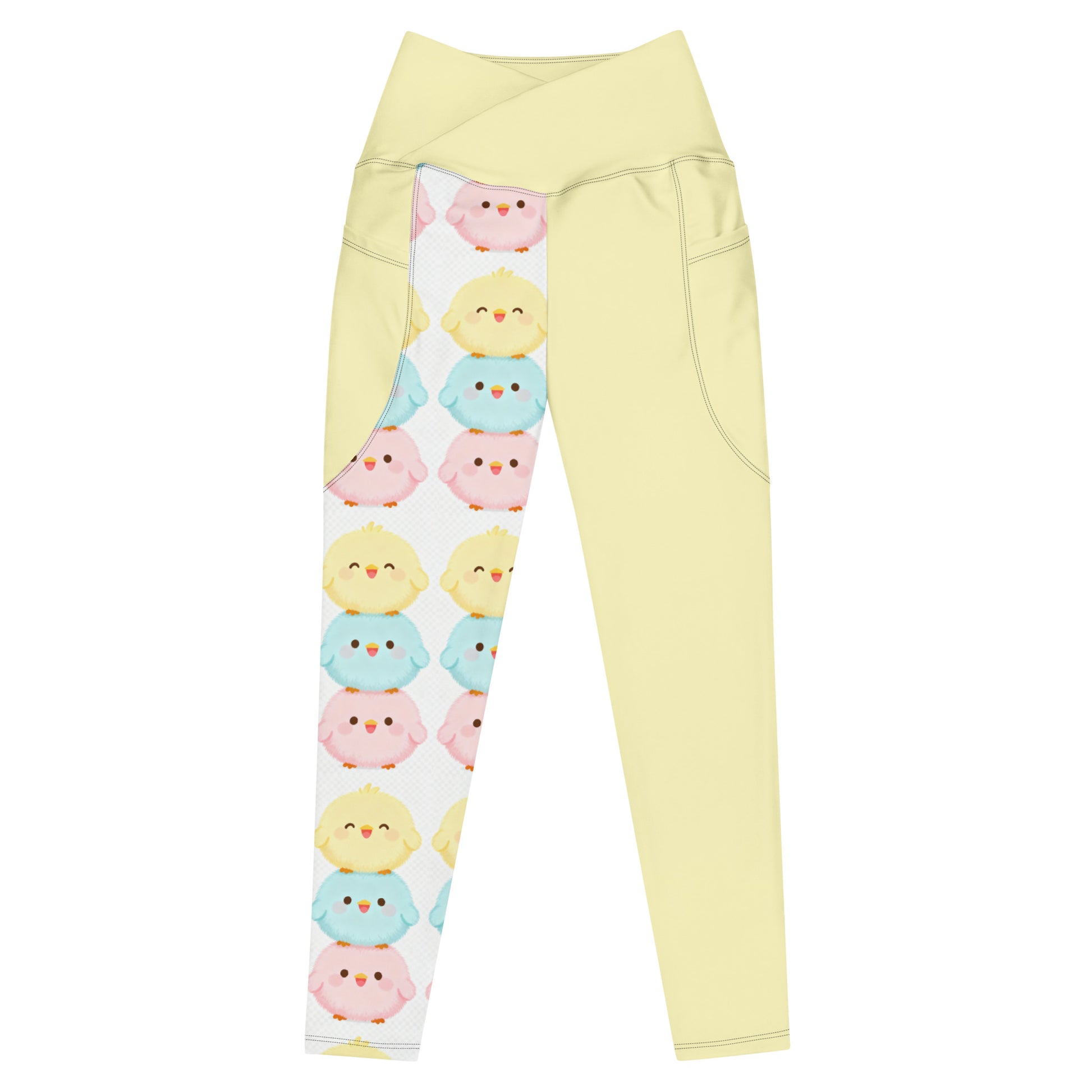 Full body view of woman wearing cute kawaii animal crossover leggings with pockets for yoga and gym
