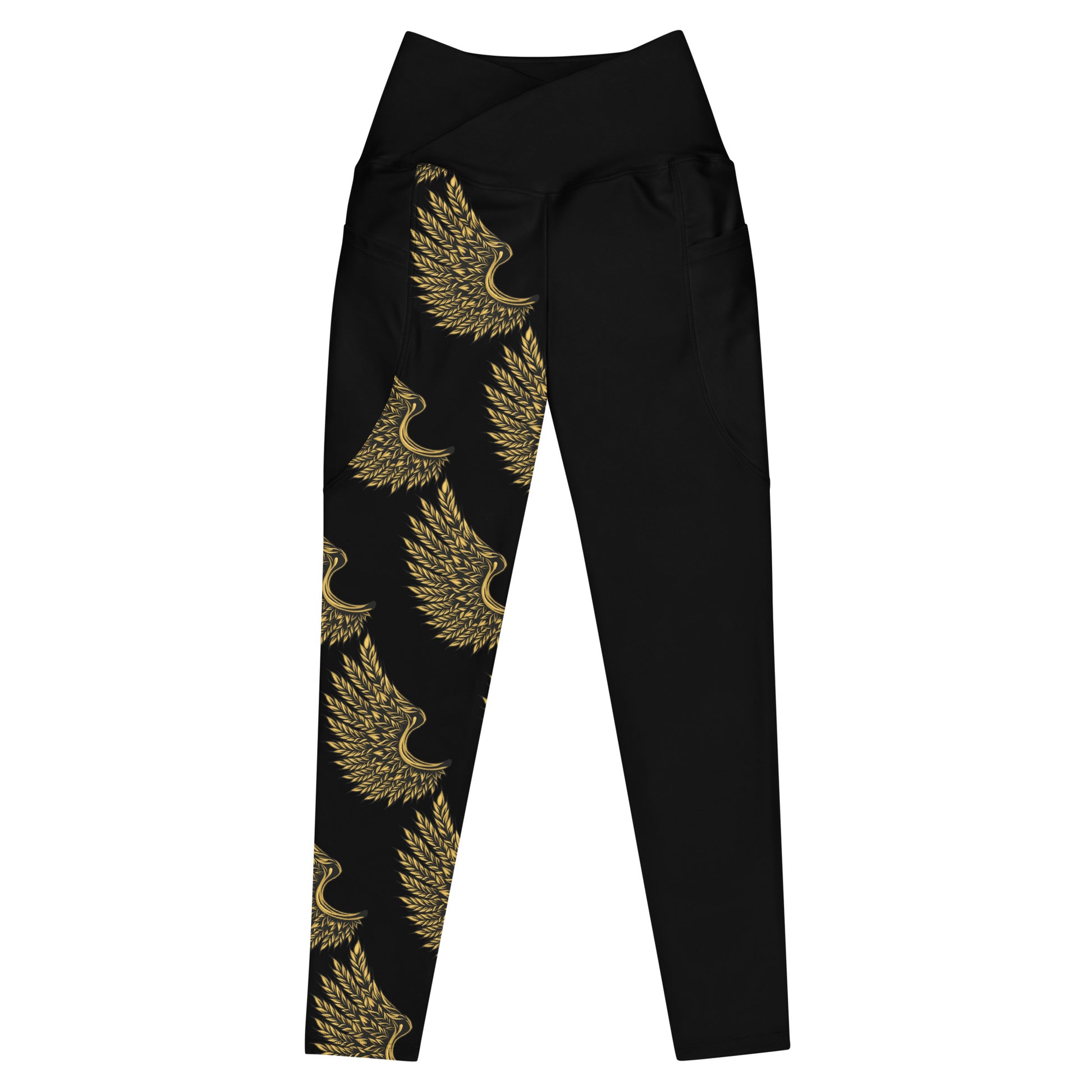 Front view of women's golden crane crossover leggings showing elegant asymmetric design and high-waisted fit

