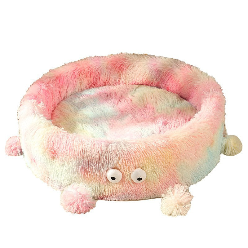 round rainbow plush pet bed for cats and dogs