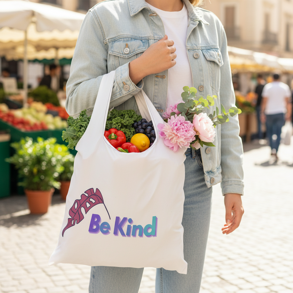 Be Kind floral tote bag filled with groceries - eco-friendly reusable shopping bag