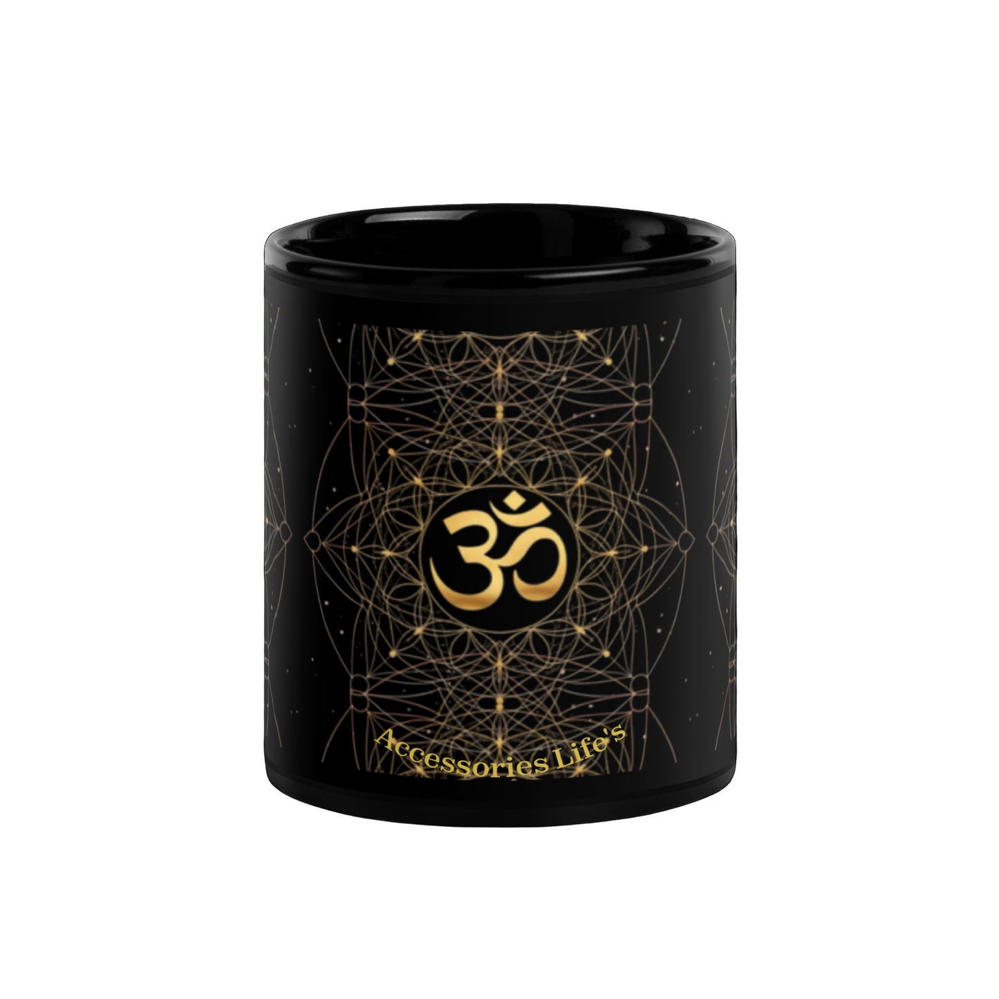 OM symbol black ceramic mug - sacred geometry pattern front view
