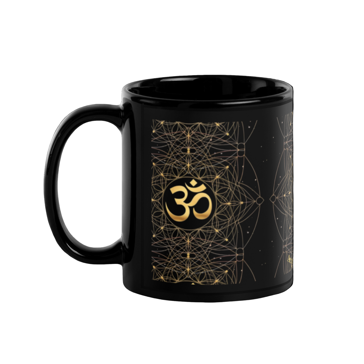 Black glossy mug golden OM design - left handle view
