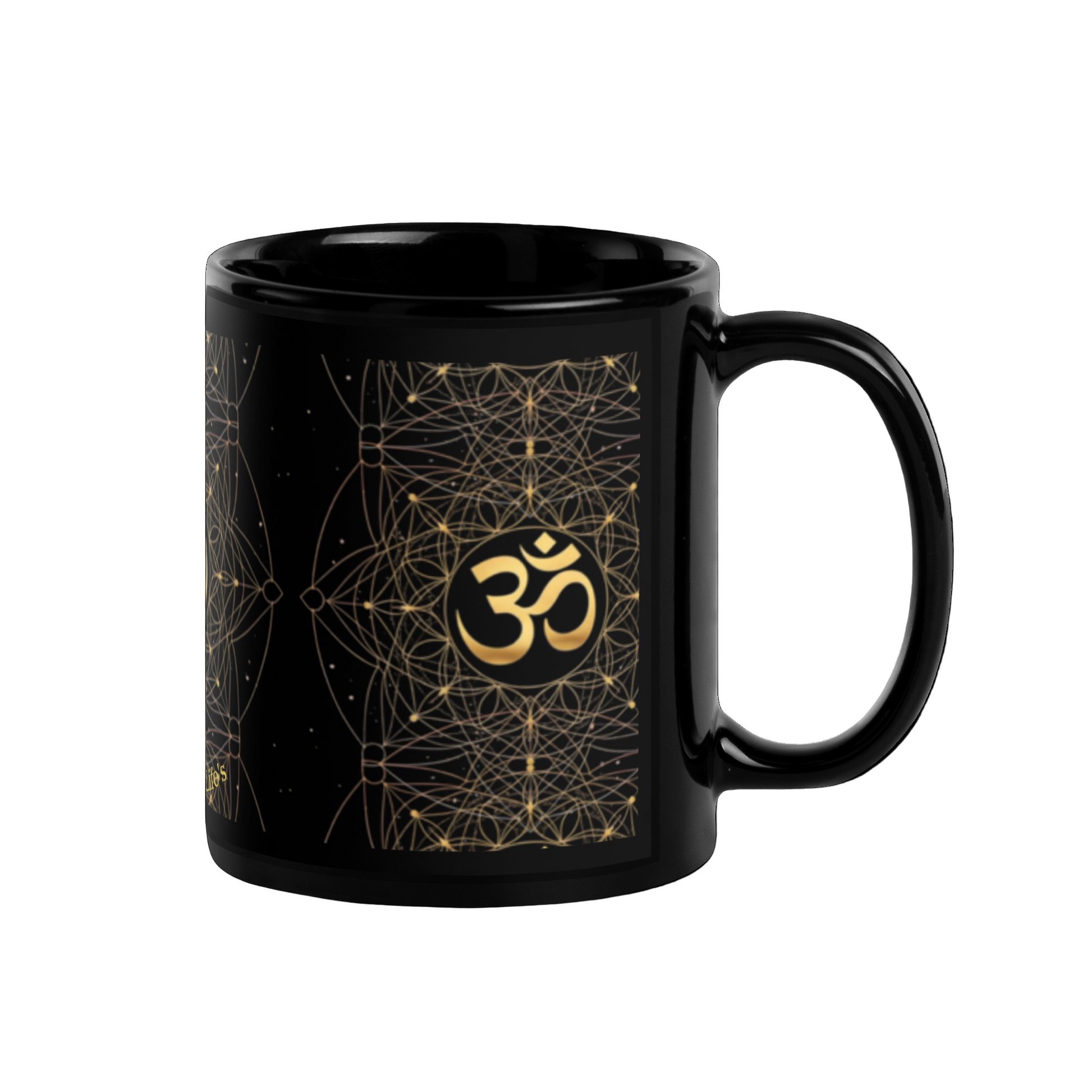 Black glossy mug with golden OM sacred geometry design - right handle view
