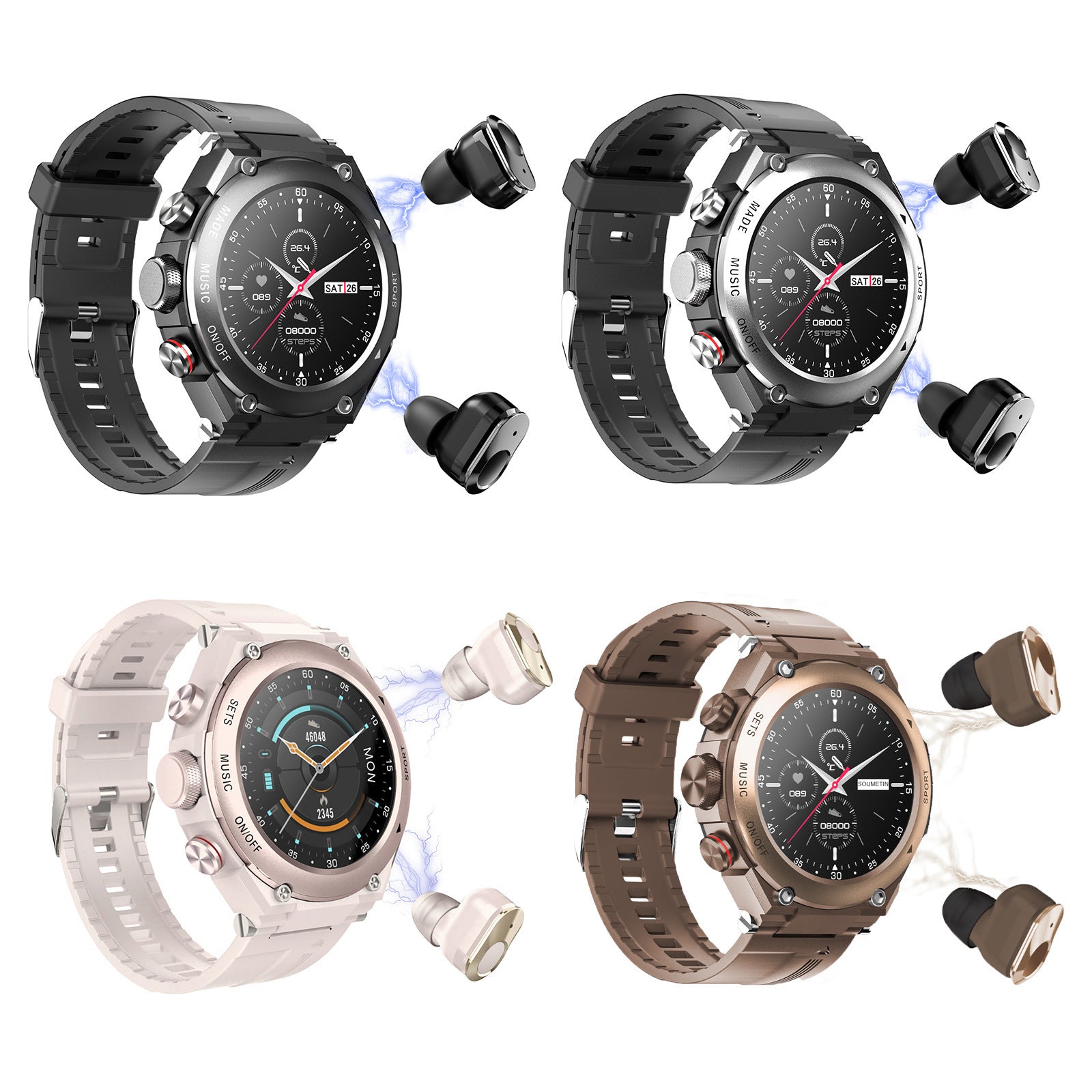 Four different smartwatches with earbuds on a white background
