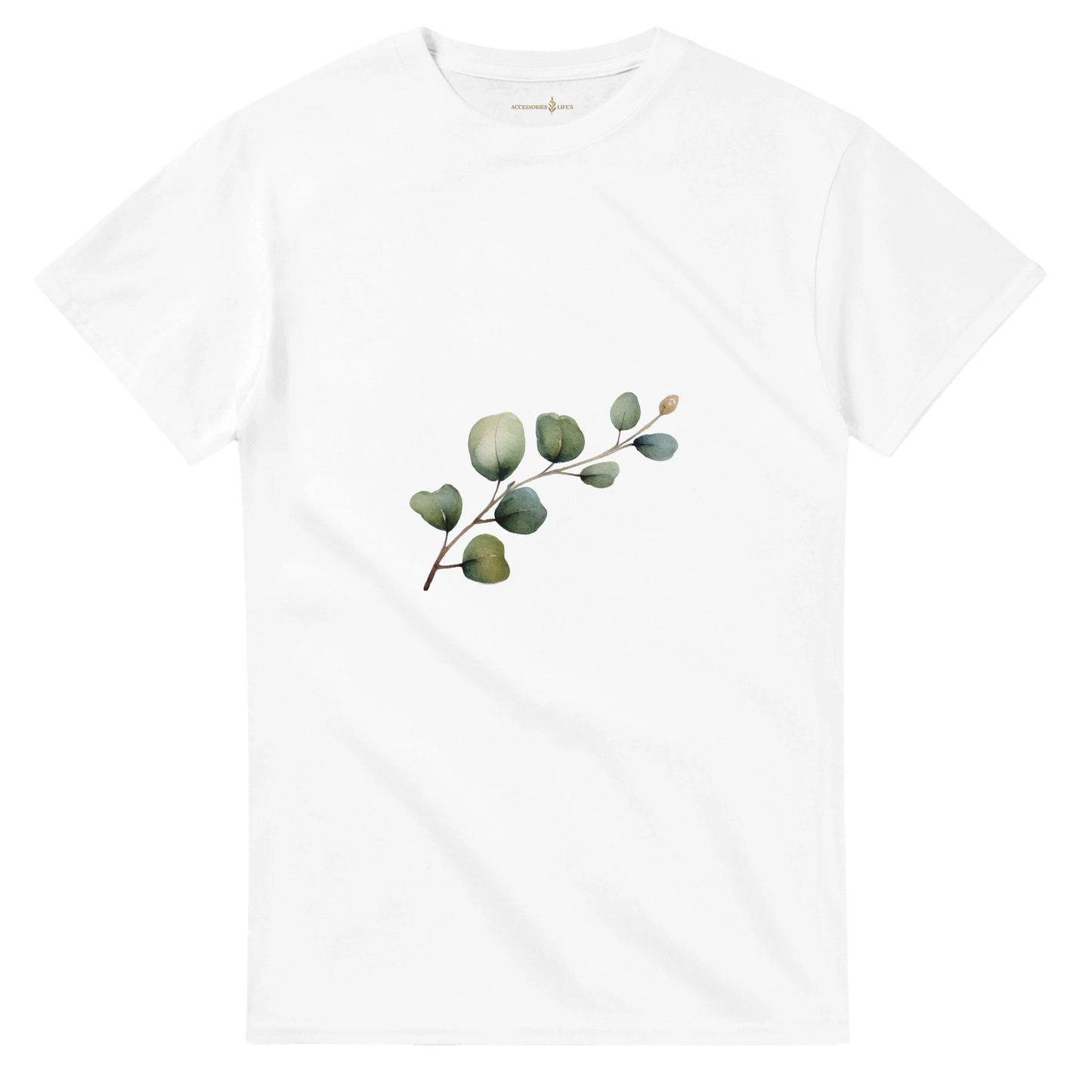White t-shirt with a green leaf design on a white background