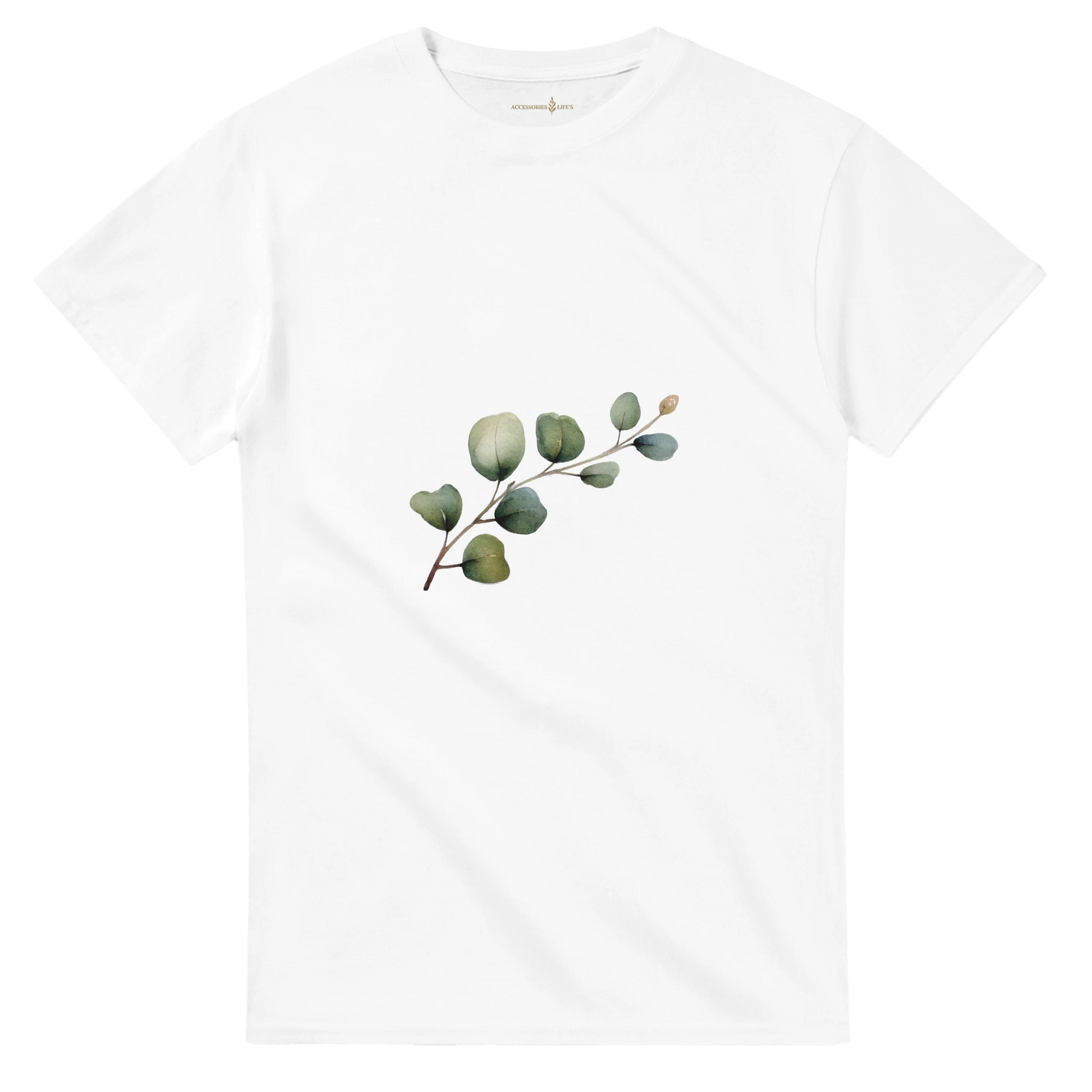 White t-shirt with a green leaf design on a white background