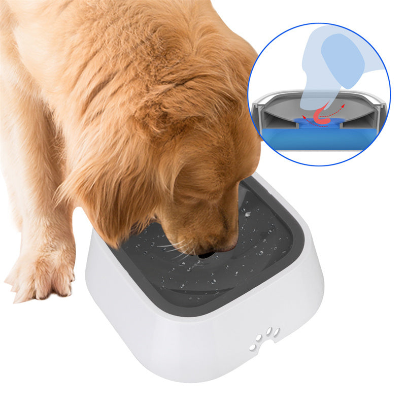 Dog drinking water from a modern pet water fountain with a close-up inset showing water flow.