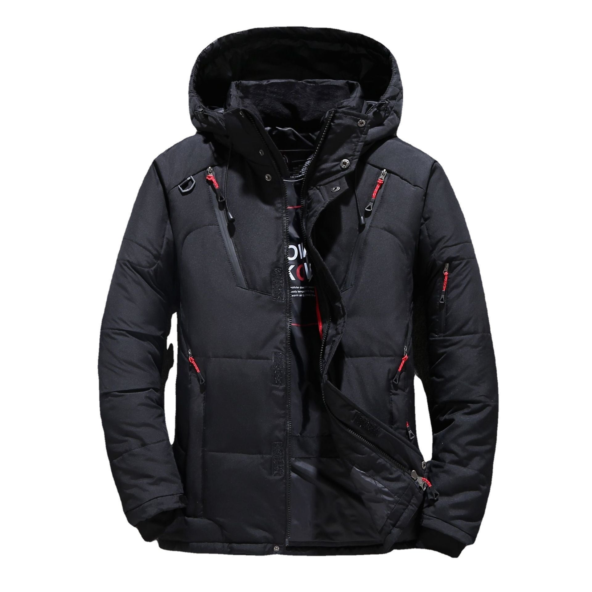 Black winter jacket with red accents on a white background