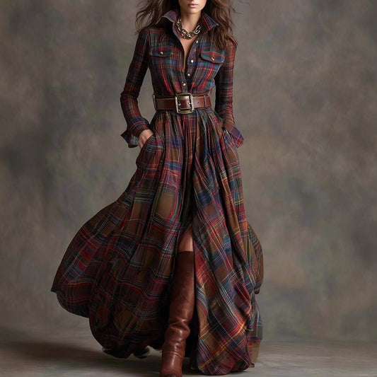 Retro plaid long-sleeve shirt dress with pockets - elegant maxi dress for women

