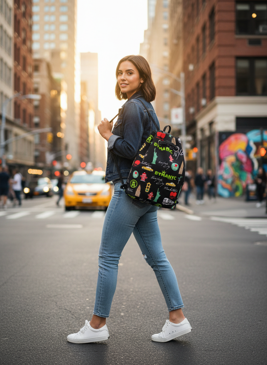 URBAN ELITE NYC backpack lifestyle - person wearing black drawstring backpack in city