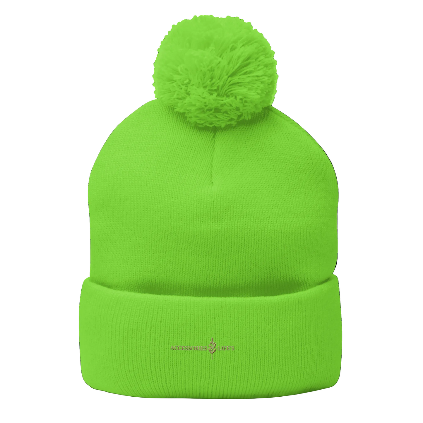 Neon green pom-pom beanie with golden logo - product mockup
