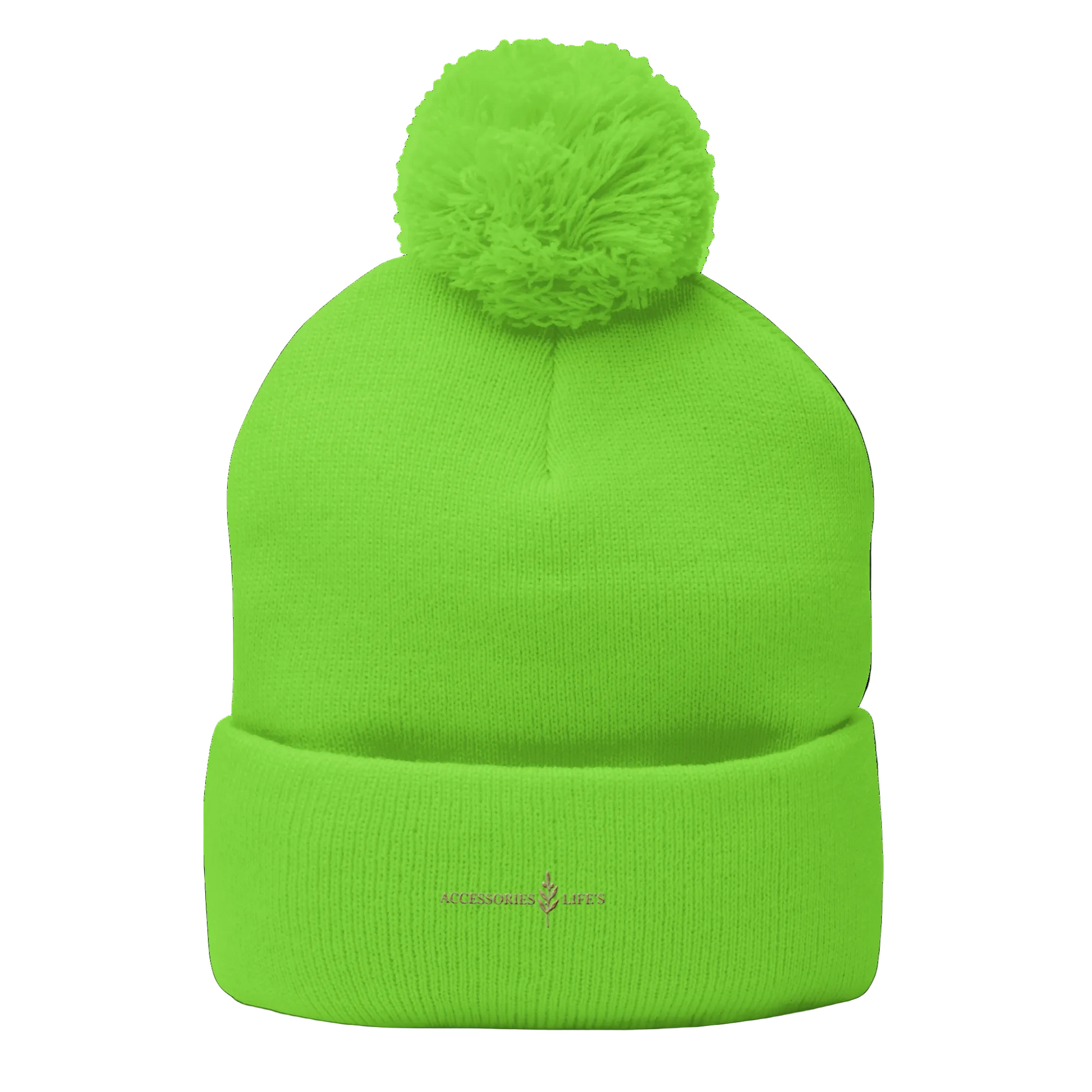 Neon green pom-pom beanie with golden logo - product mockup
