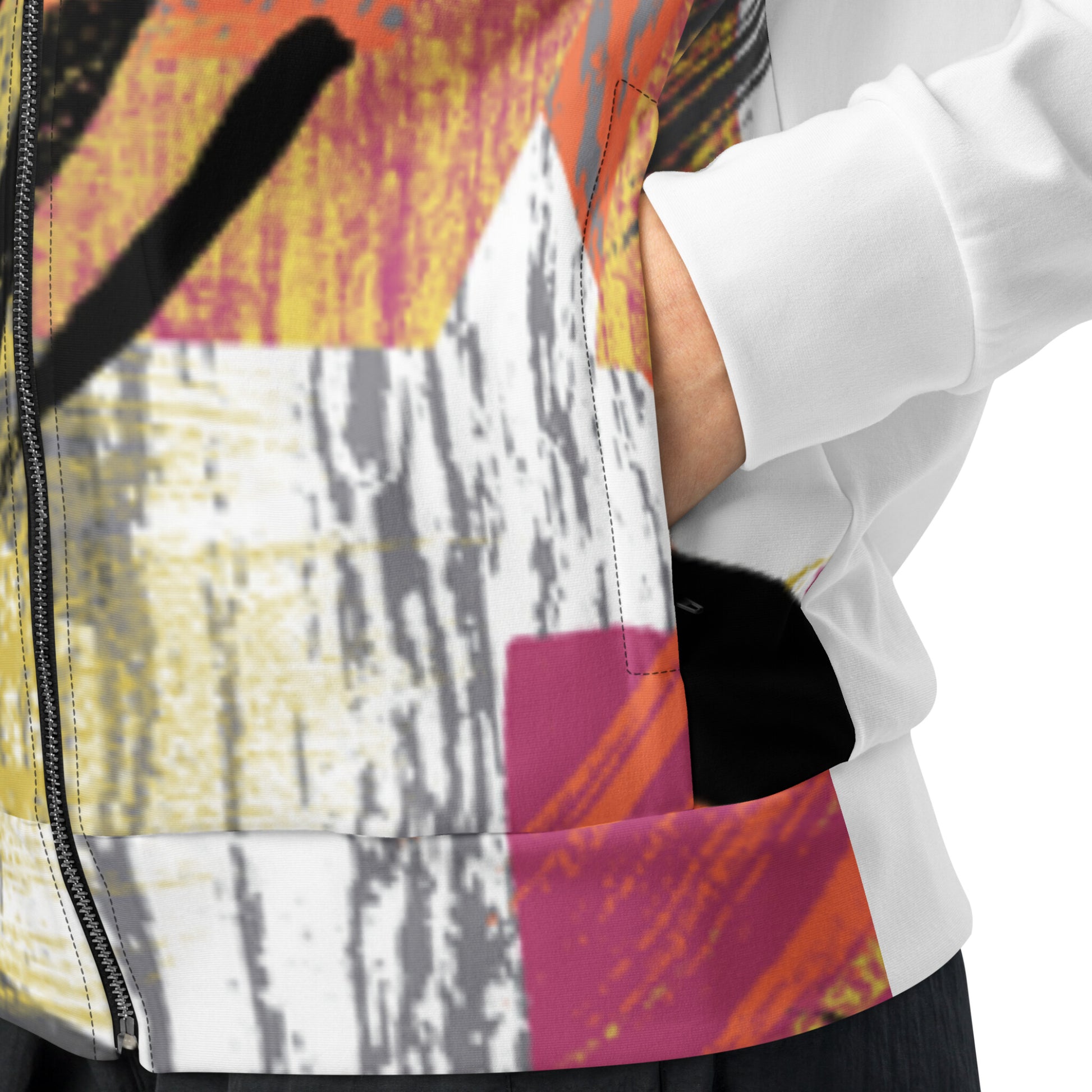 Track jacket zipper and pocket details
