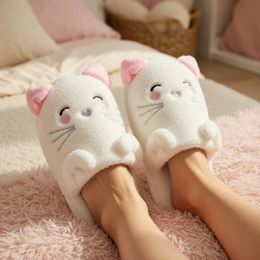 Cute white cat slippers for women with pink details – soft plush kawaii indoor shoes, anti-slip sole, perfect cozy winter gift
