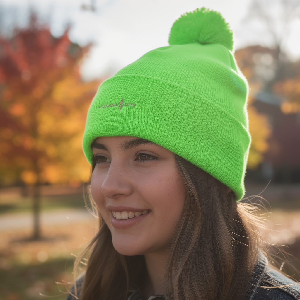 Neon green pom-pom beanie - side view
