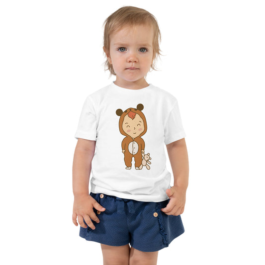 Toddler wearing white bear costume t-shirt with blue shorts - cute baby in bear outfit design - front view
