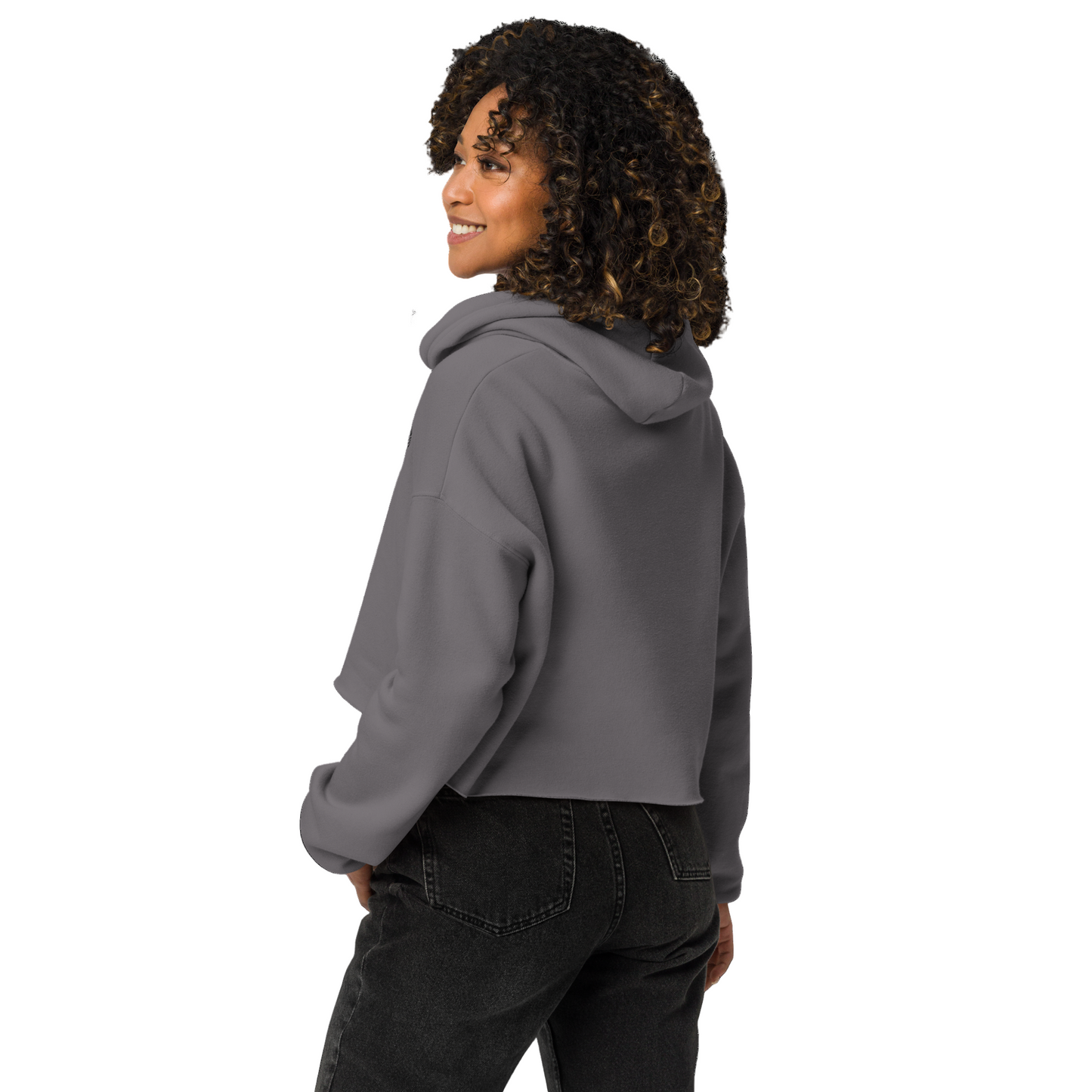 Women's cropped hoodie in storm gray - back view showing quality stitching and comfortable design
